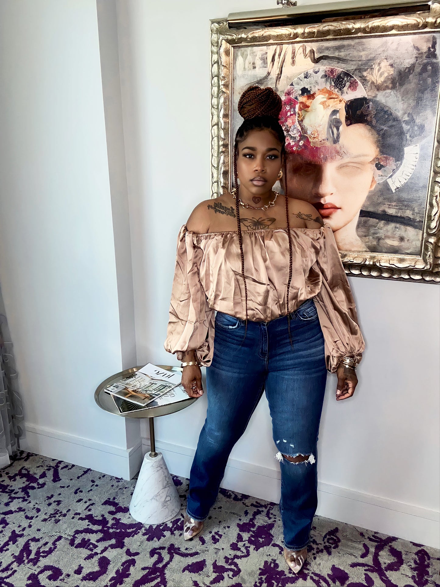 Diane Satin Off Shoulder Crop (Taupe)